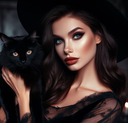 An arafed woman in a black hat holding a black cat, beautiful female witch