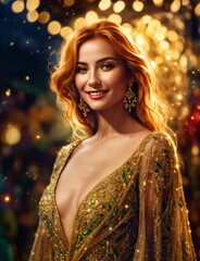 A woman in a gold dress standing in front of a lighting street