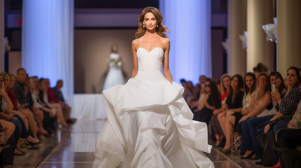 Naklejka premium Wedding Model. Female models walk the runway in beautiful stylish white wedding dresses during a Fashion Show