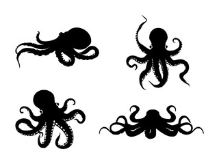 set of octopus silhouettes on isolated background