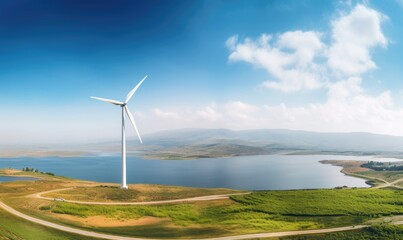 Wind turbine in beautiful landscape, production of clean and renewable energy, renewable and green energy concept.