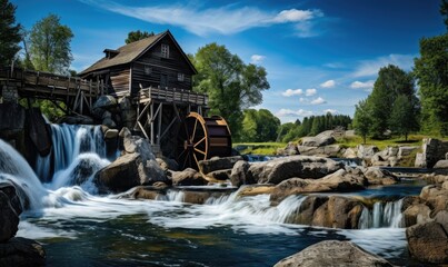 Old historic water mill in beautiful landscape - obrazy, fototapety, plakaty