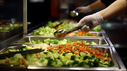 Hand holding spoon to scoop boiled Job's tears at salad bar. Salad bar buffet at the restaurant. Salad bar buffet for lunch or dinner. Healthy food. Catering food. Banquet service. Vegetarian food.