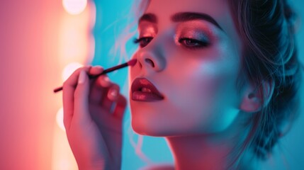 Makeup artist applies Makeup artist applies powder and blush. A beautiful woman faces. A make-up master puts blush on the cheeks of a beauty model girl. Make-up is in process. Beautiful woman