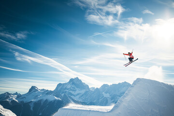 Naklejka na ściany i meble Adventurous Skier Soaring High Against a Picturesque Mountain Backdrop