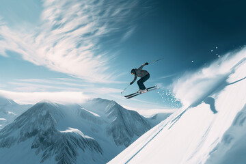 Adventurous Skier Soaring High Against a Picturesque Mountain Backdrop