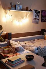 Vertical background image of teen bedroom interior with posters on wall