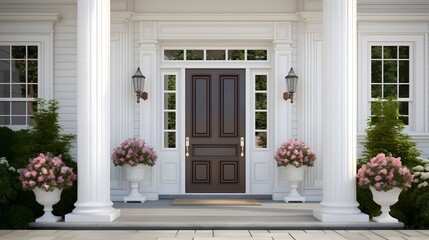 Main entrance door. White front door with porch. Exterior of georgian style home cottage house with...