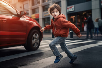 Careless child runs out into the street in front of the car, unaware of the danger