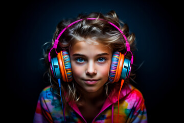 Fototapeta premium portrait of a girl in headphones on a black background