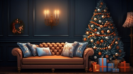 Festive interior with many presents on comfortable sofa and decorated christmas tree