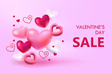 3D hearts. Happy Valentine's Day. Sale banner. Vector modern illustration. Pink color. Banner design