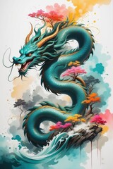 Chinese painting of a mythical blue dragon