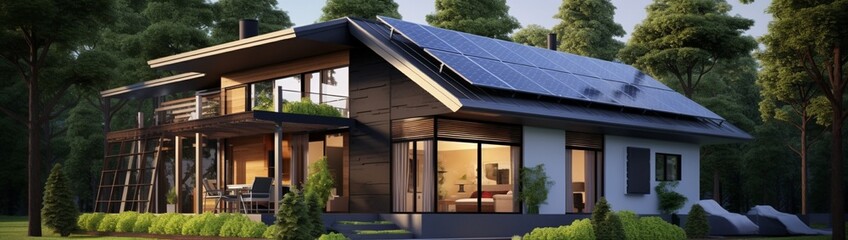 A modern eco-friendly house exterior with green roofs, solar panels, and sustainable landscaping. 4k, high detailed, full ultra HD, High resolution 8K.