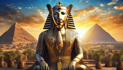 egyptian animal head statue with pyramids on sunset background - obrazy, fototapety, plakaty