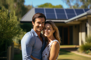 Naklejka premium couple smiling and standing in front of their house bokeh style background