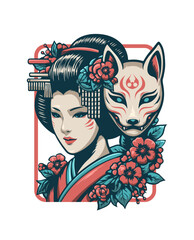 Vector t shirt design of beautiful japanese geisha with kitsune fox mask, vintage retro color, and white background, artwork hand drawn illustration