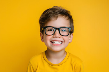 Menino sorrindo feliz de óculos com camiseta amarela isolado no fundo amarelo - obrazy, fototapety, plakaty