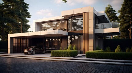 Fototapeta na wymiar Modern luxury minimalist cubic house, villa with wooden cladding and white walls and landscaping design front yard. Residential architecture exterior.