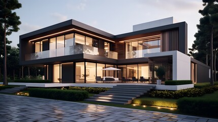 Fototapeta na wymiar Modern luxury minimalist cubic house, villa with wooden cladding and white walls and landscaping design front yard. Residential architecture exterior.