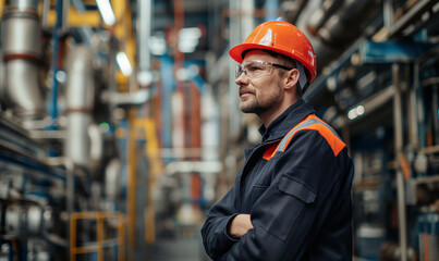 
Portrait of Industry maintenance engineer man wearing uniform and safety hard hat on factory station. Industry, Engineer, construction concept.