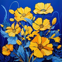 yellow flowers on an electric blue background