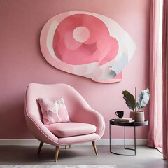 Modern living room with pink armchair with pillow isolated on the pink interior
