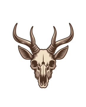 vector t shirt design of satanic head goat deer skull with devil horn, dark artwork hand drawn illustration