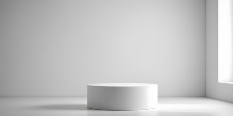 Abstract white round stand for product presentation on white background, empty room with shadows on...