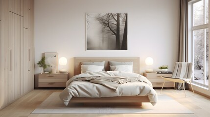 Fototapeta na wymiar Scandinavian style interior design of modern bedroom.