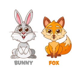 Cartoon Forest Animal Characters. Fluffy Adorable Bunny With Big, Sparkling Eyes And Clever Fox With A Mischievous Grin