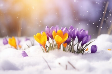 The first spring saffron flowers blooming under the snow in the field 