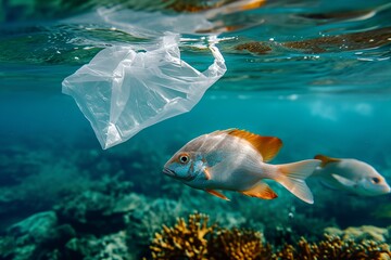 Fish suffer from ocean water pollution from plastic debris