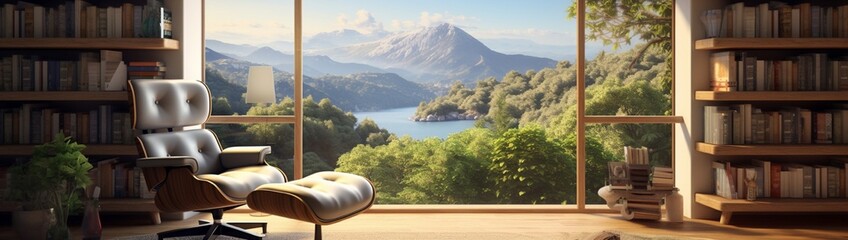 A sunlit reading nook with a cozy armchair, bookshelves, and a view of the outdoors. 4k, high detailed, full ultra HD, High resolution 8K.