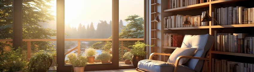 A sunlit reading nook with a cozy armchair, bookshelves, and a view of the outdoors. 4k, high detailed, full ultra HD, High resolution 8K.