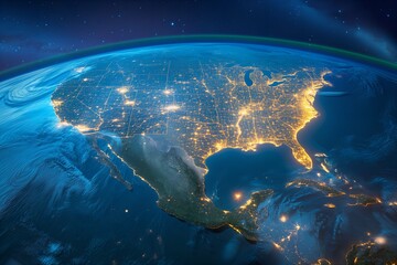 Earth at night from space with a layer of atmosphere, view of the United States with fascinating cityscape lighting