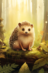 Illustration of an hedgehog (Erinaceidae) in a forest