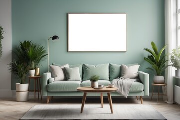 Stylish scandinavian living room interior with design mint green sofa, furnitures, mock up poster, plants, and elegant personal accessories