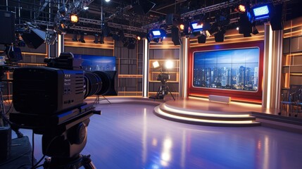 Studio TV set. TV network live studio setup with large scale monitors. Video camera operator