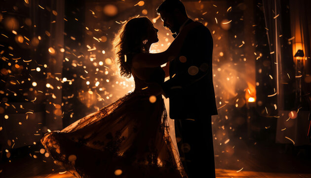 An illustration of a silhouette of a couple dancing elegantly among glittering lights and a festive atmosphere.