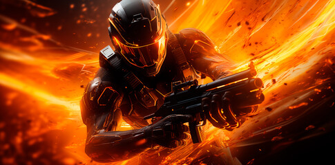 Cover of shooter video game, main character of shooter video game. Generative AI