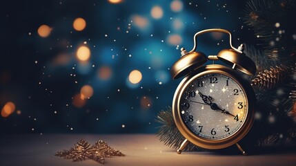 Obraz na płótnie Canvas Happy New Year! Stylish retro clock, christmas glitter baubles and golden lights on moody background