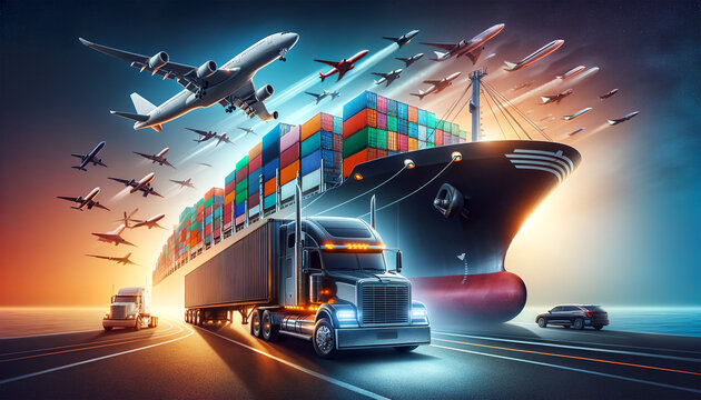 Dynamic transportation scene featuring a cargo truck on the highway with a cargo ship and multiple airplanes against a sunset sky.Logistics solutions in the future concept. AI generated.