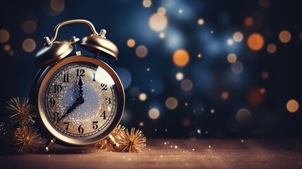 Happy New Year! Stylish retro clock, christmas glitter baubles and golden lights on moody background