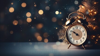 Happy New Year! Stylish retro clock, christmas glitter baubles and golden lights on moody background - obrazy, fototapety, plakaty