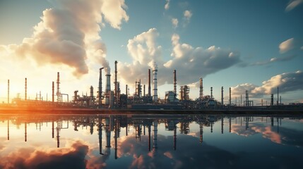 Naklejka premium Large factory with lot of smoke coming out of it's stacks. Generative AI Pro Photo