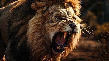 Fototapeta premium A stunning shot of a roaring lion during sunset in the African savanna. Generative AI Pro Photo