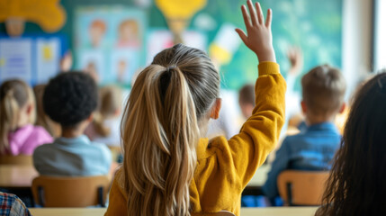 classroom scene with students raising their hands to answer a question or participate in the lesson