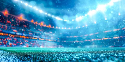 Dazzling stadium under night sky, its field aglow with stadium lights and stands filled with roar...