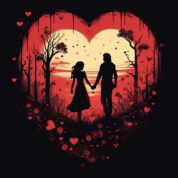 Valentine's day theme romantic young couple in love walking in park T shirt design image